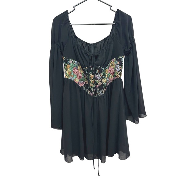 Cider Black Floral Corset Mini Dress Sheer Y2K Gothic Party Sz L - Picture 1 of 6
